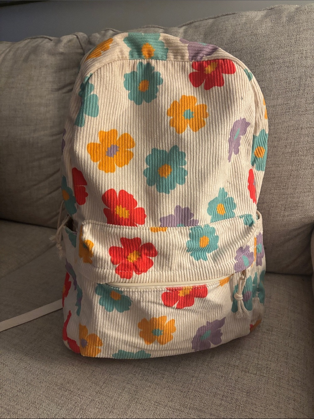 Floral Corduroy Backpack - Cream with Multi-Color Flowers